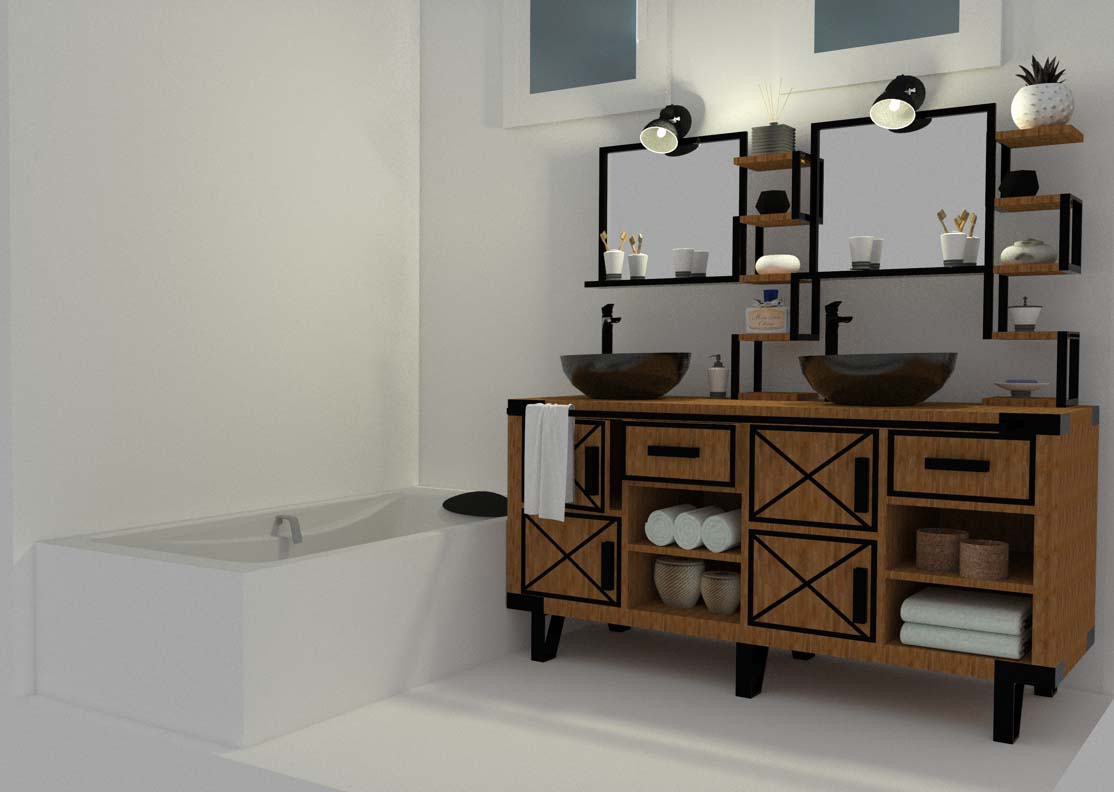 rendu 3D meuble salle de bain bois metal
